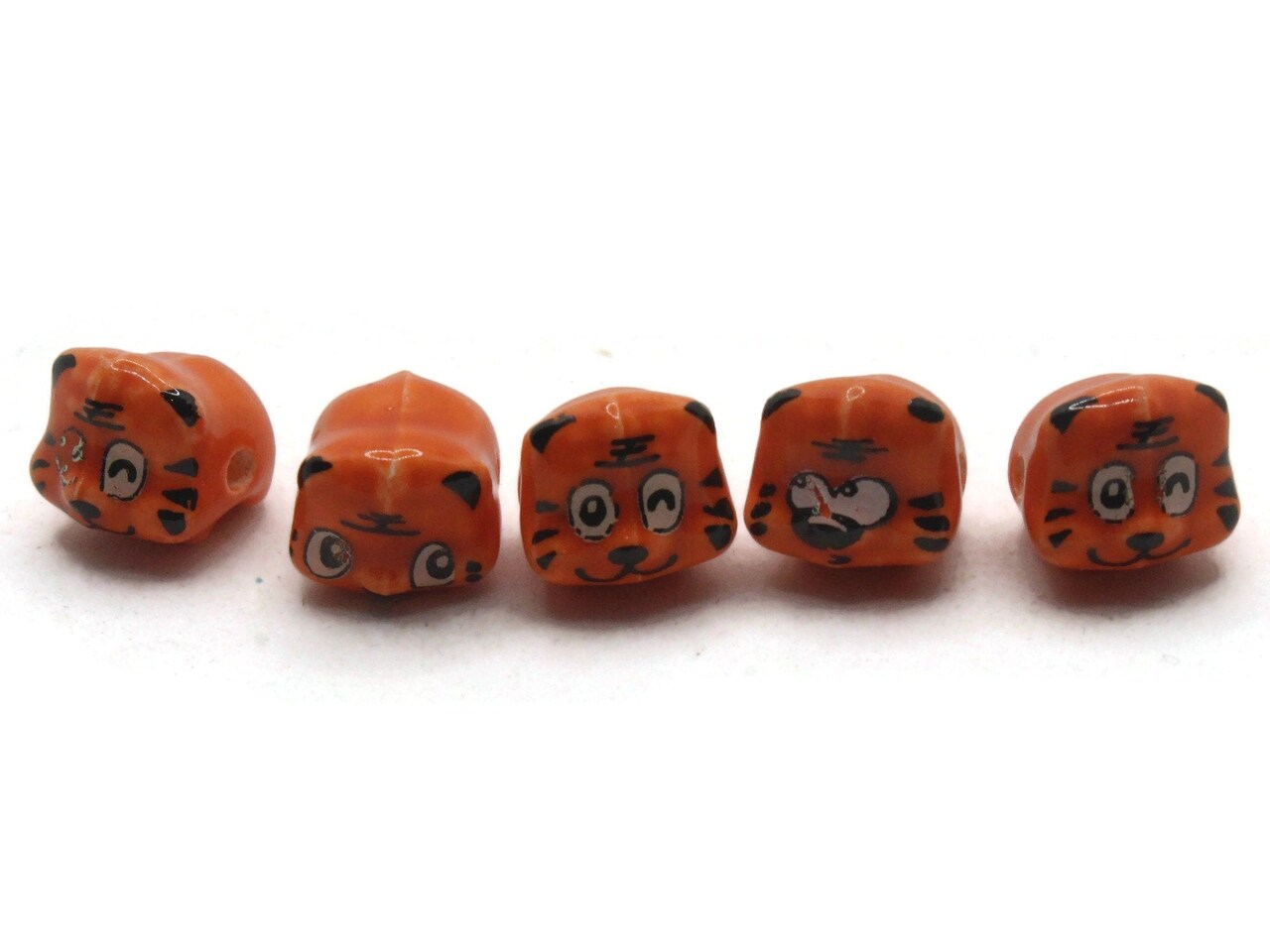 5 Porcelain Tiger Cat Orange Striped Porcelain Glass Animal Beads
